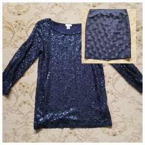 J Crew factory navy sequined top, polka dot skirt 2 piece set